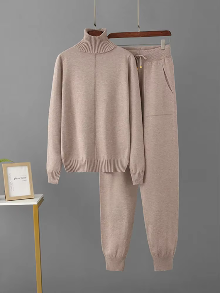 Femmes col roulé tricots pull hauts pullover Conjuntos taille haute décontractée sarouel tenue couleur bonbon tricoté 2 pièces ensembles