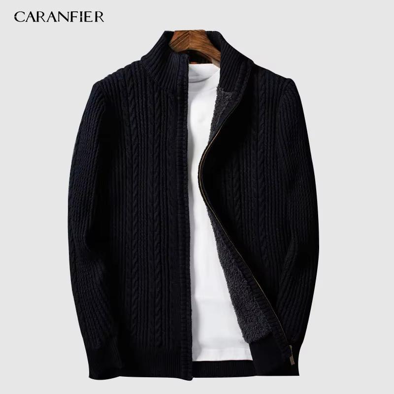 CARANFIER velours fermeture éclair marque chandails hommes tricoté Cardigan coupe ajustée vêtements solide côtelé bas pull tricots manteaux 3XL