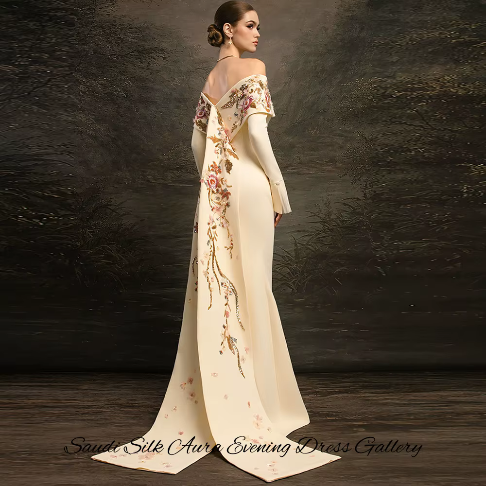 Robe de soirée sirène élégante à col bateau et manches longues en jersey, avec appliques personnalisées, pour soirée de remise de diplôme - Vestido De Festa