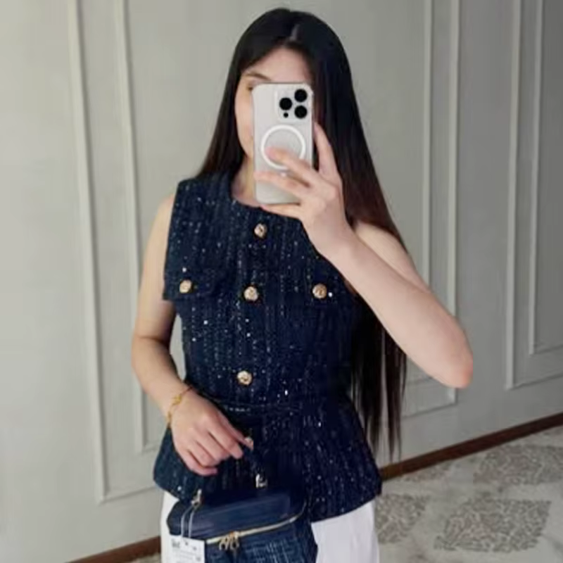 HXAO femmes gilet été 2025 bleu cassé blanc noir