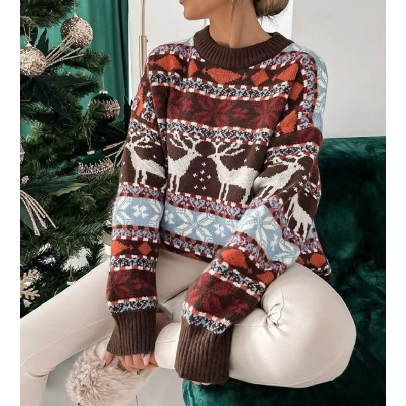 2025 pull tricoté col rond ample thème de noël Jacquard à manches longues