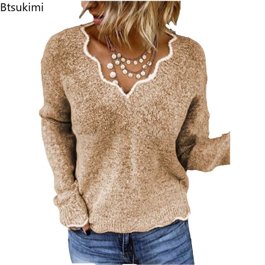 Pull décontracté à col en V pour femmes, couleur unie, polyester, automne hiver, manches longues, occasions casual et soirées