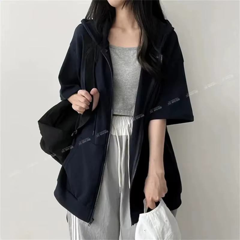 Sweat-shirt à capuche zippé à manches mi-longues pour femme