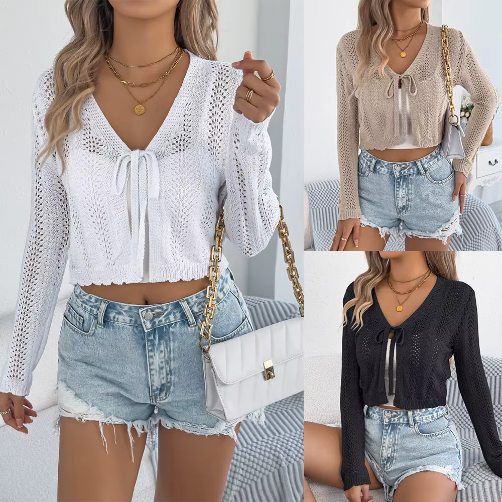 Shoujo fille esthétique Crochet tricot cravate devant Cardigan à manches longues col en V décontracté haut court filles Y2K vêtements