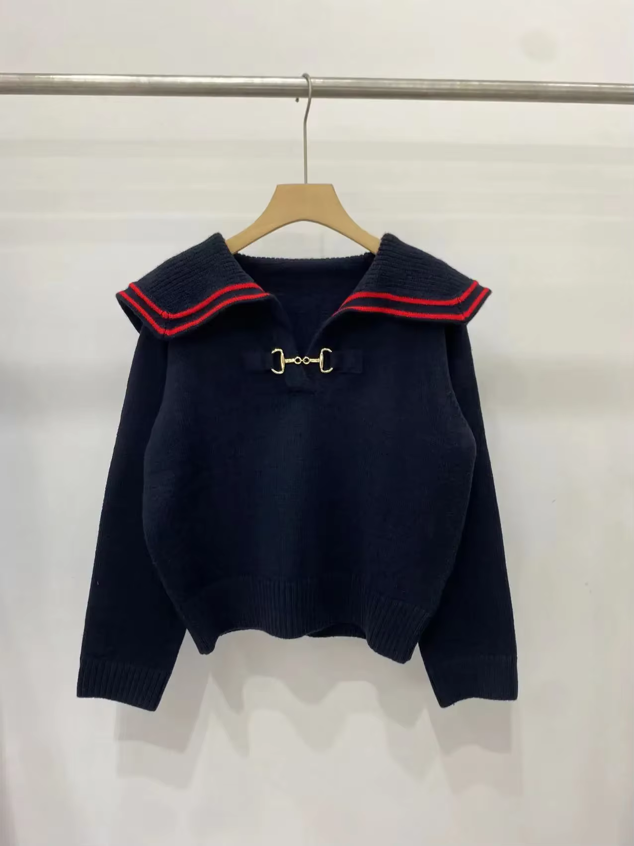 Pull à col marin pour femme, style preppy, automne-hiver, pull à manches longues, tricot avec chaîne en métal
