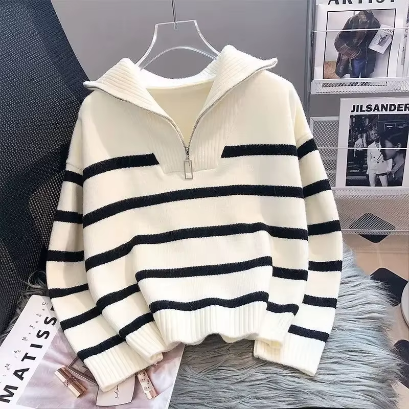 Pull acétate ample et décontracté avec fermeture éclair pour femmes, coupe rayée, automne et hiver