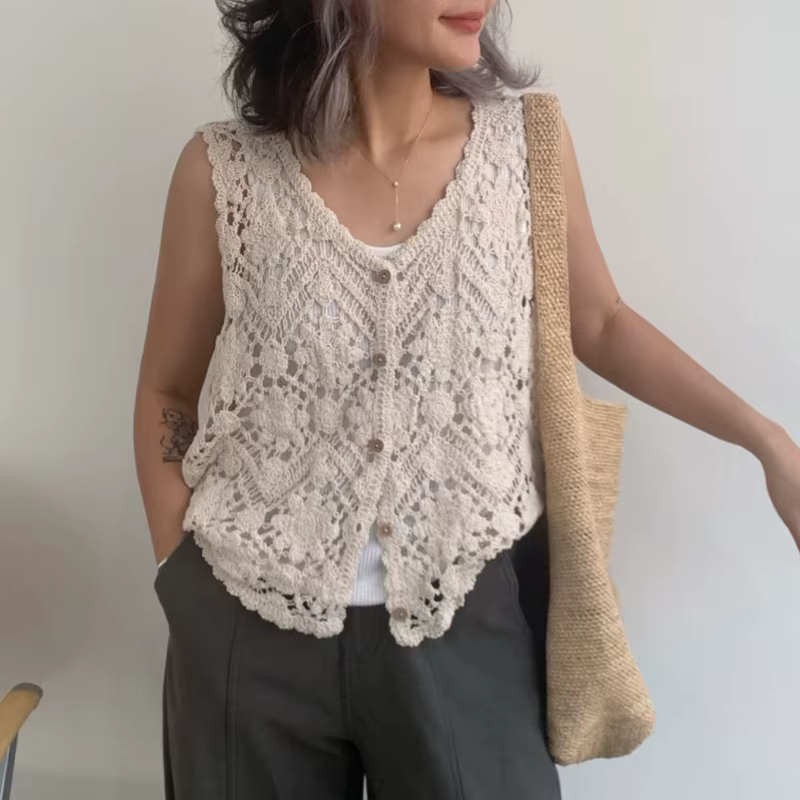 Gilet en crochet floral brodé pour femme