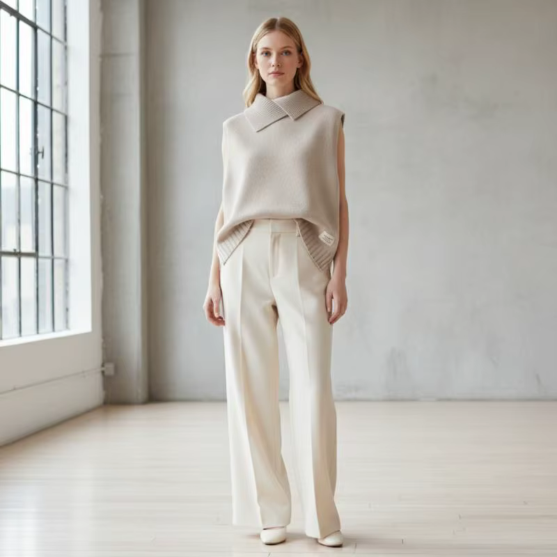 Gilet en tricot coréen uni à col rabattu sans manches