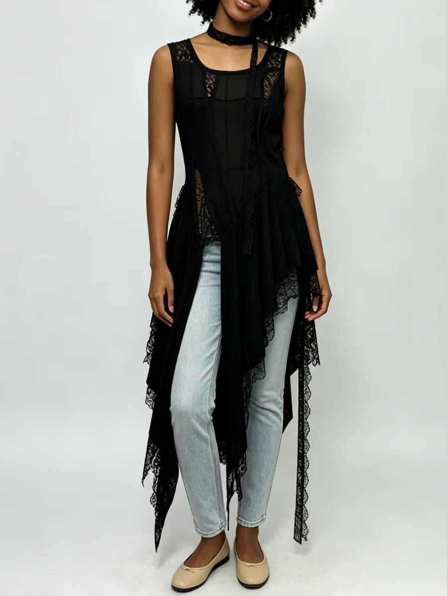 Nouveau Gilet Chic VGH en Dentelle Ample et Épissée pour Femme, Col Rond, Sans Manches, Coupe Irrégulière, Style Tendance Estival Féminin