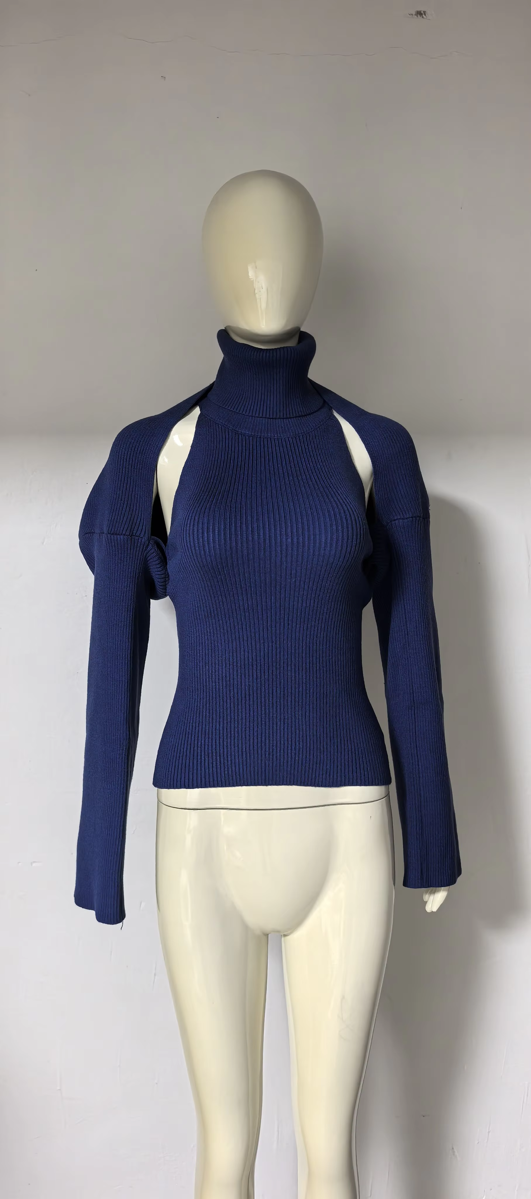 Ensemble 2 pièces décontracté en tricot pour femme : Gilet côtelé sans manches à col roulé et dos nu