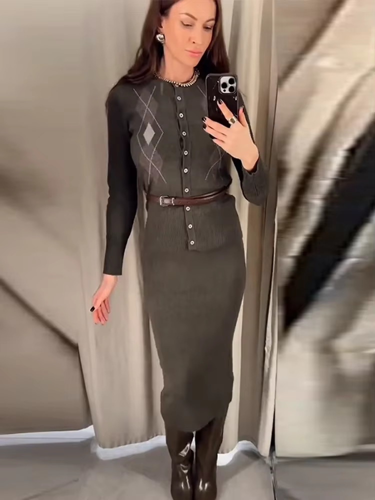 Ensemble jupe Cardigan tricoté à carreaux pour femmes