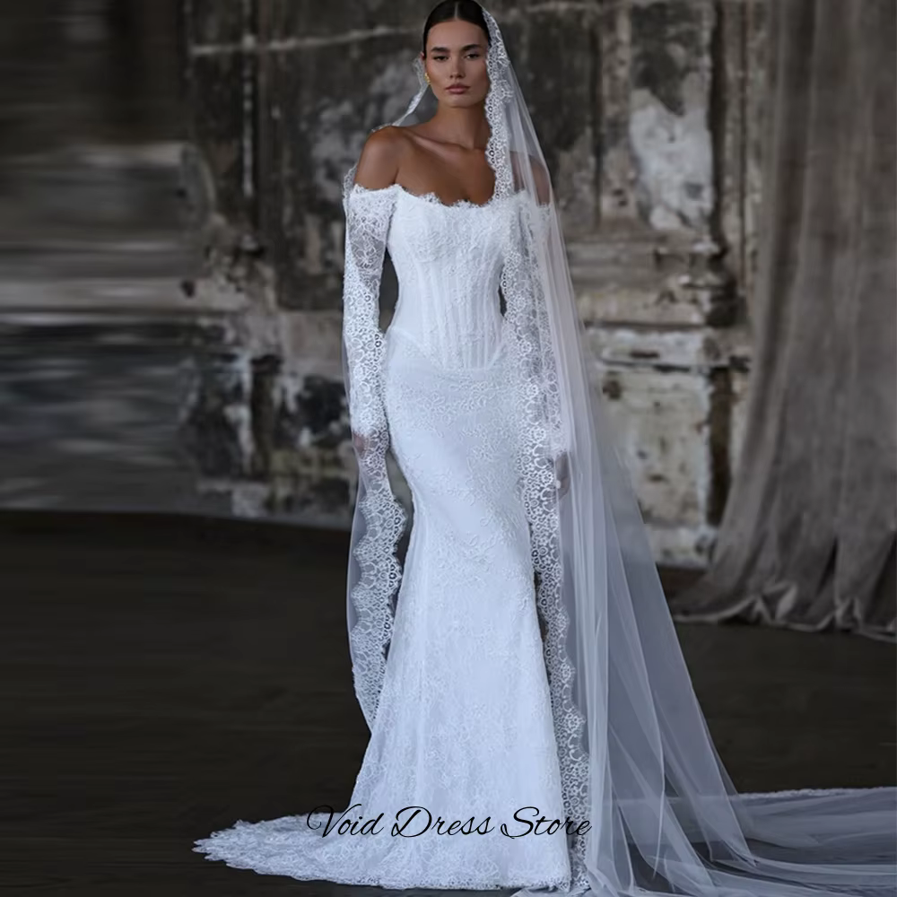Robe de mariée à manches longues et col bateau, avec appliques en dentelle, robe de mariée sirène personnalisée avec dos à lacets