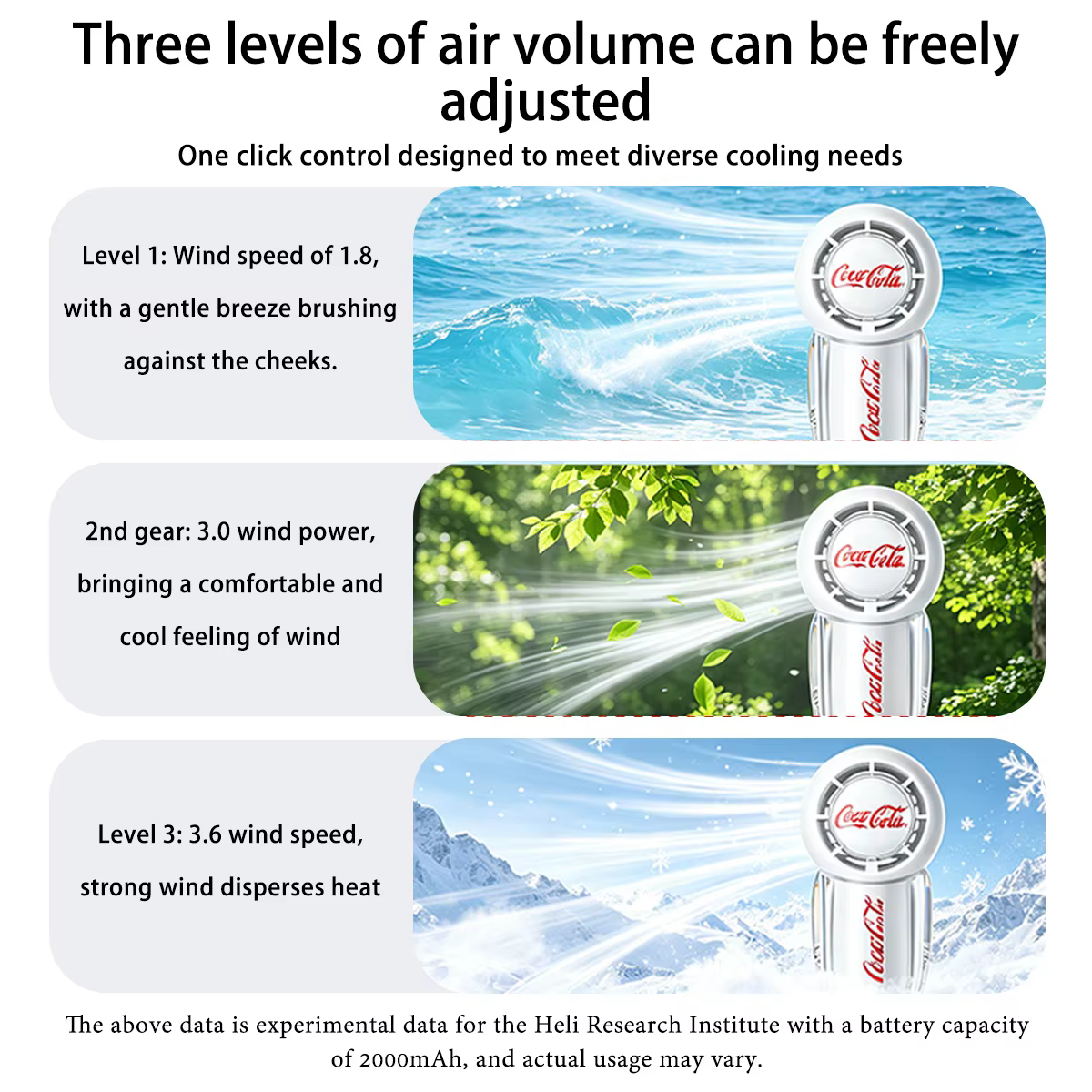 Mini ventilateur portatif Coca-Cola, ventilateur de poche rechargeable par USB 2000mAh, vent super puissant, 3 vitesses, longue durée de vie de la batterie, pour les voyages en plein air