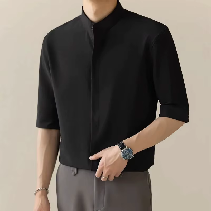 Chemise blanche pour homme à col mandarin, manches courtes, coupe décontractée, style business