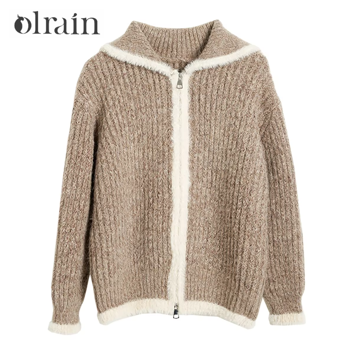 OLrain Cardigan Marron Style Français Femme 2026 Nouvelle Collection Automne Col Rabattu Manches Tombantes Tricot Zippé O56DM95269