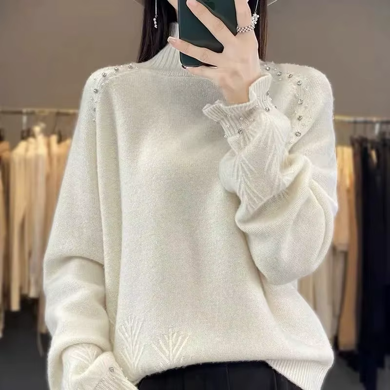 Pull à col roulé pour femmes automne/hiver 2025 Dingzhu industrie lourde lâche nouvelle laine tricoté