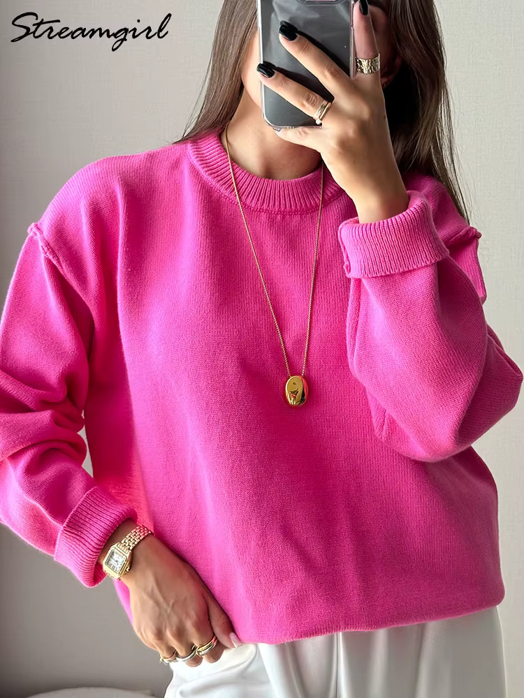 Chandails surdimensionnés marron pour femmes hiver épais jaune pull femme automne chaud ample col rond dames