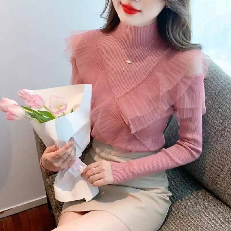 Pulls pour femmes rose Coquette coupe ajustée épissage maille