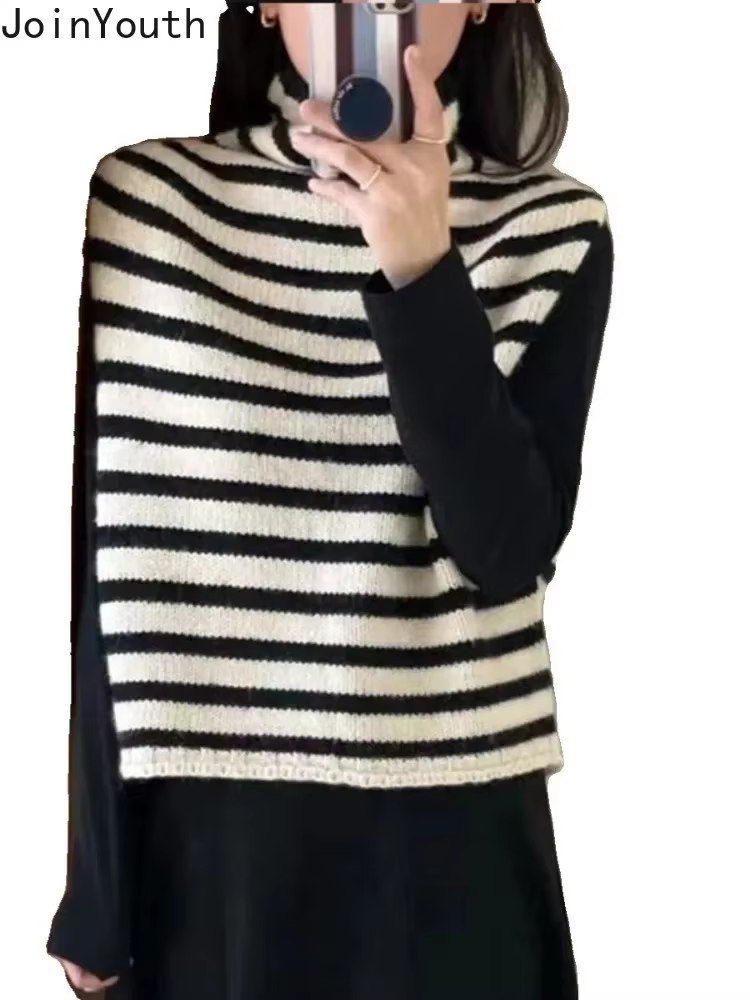 Pull rayé gilet vêtements pour femmes col roulé sans manches