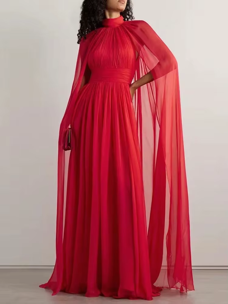 Robe de soirée rouge en mousseline de soie, col haut, manches Cape, robe Maxi plissée élégante pour Occasions formelles, robe longue de bal de qualité