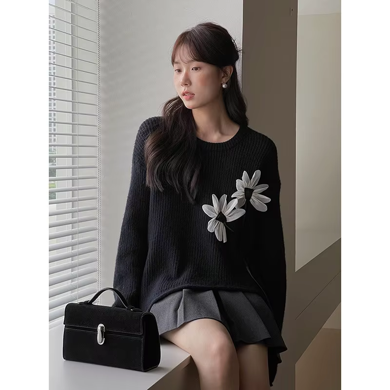 Pull rétro à fleurs tridimensionnelles pour femmes
