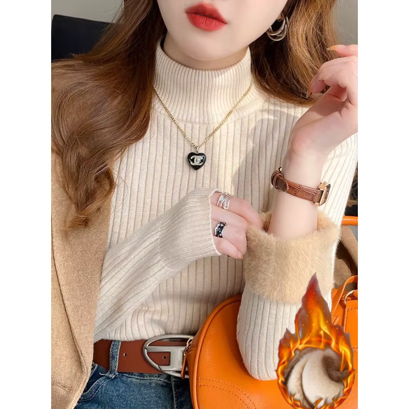 Pull col roulé pour femme Hiver 2026 Rétro avec doublure en velours