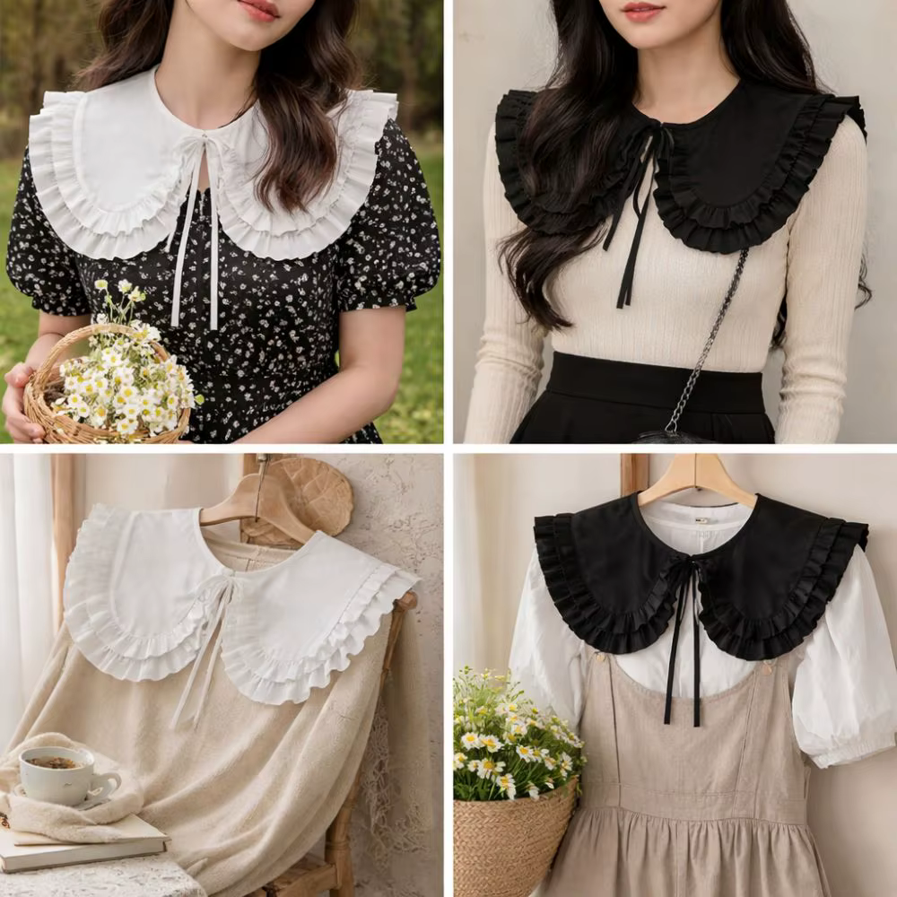 Faux col pour femme à grand revers, style demi-chemise, à lacets, double couche, couleur unie, à volants, style col de poupée, décoratif