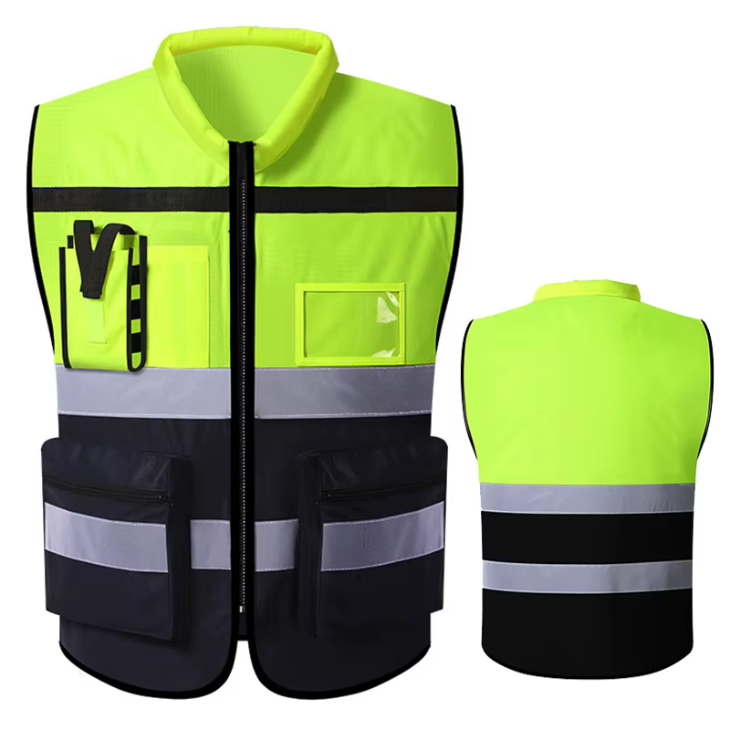 Gilet de travail pour hommes avec poches et construction à fermeture éclair, gilet de construction routière, gilet de travail bi-ton, uniforme de volontaire.