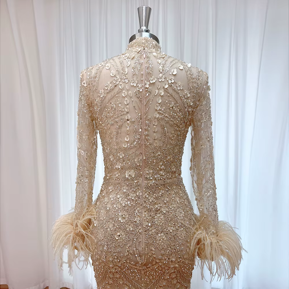 Robe de soirée musulmane élégante, col haut, manches longues, détail de fleurs 3D, pour femmes, robe formelle de bal de mariage, personnalisée