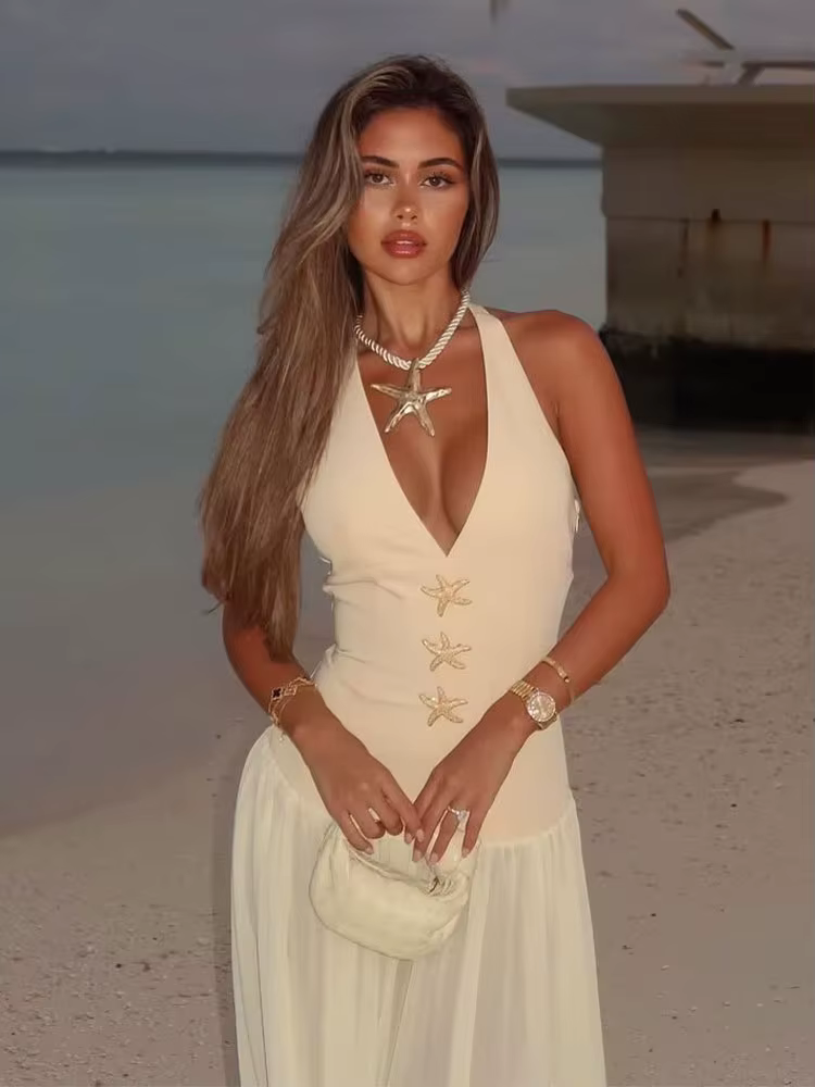 HH 2025 été licou cou robe pour les femmes mode nouveau solide serré longues robes femme Vintage élégant femme robe robes