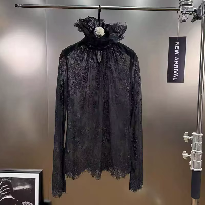 KUCLUT 2025 automne hiver nouveau Style de dentelle noir col montant à manches longues chemise creuse pour les femmes chemisier polyvalent femme 1A1550