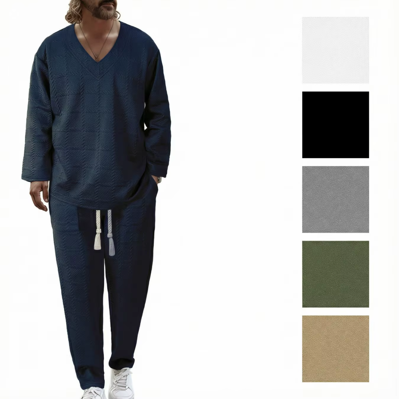 T-shirt pour homme à col en V, tendance, chaud et durable, couleur unie, texture ondulée, manches longues avec poches, tenue décontractée printemps-automne
