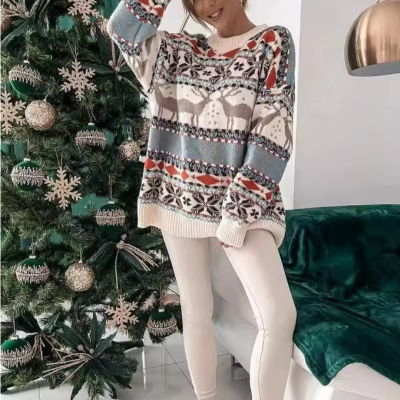 2025 pull tricoté col rond ample thème de noël Jacquard à manches longues