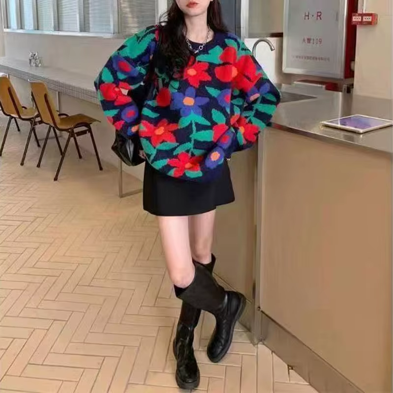 Pulls à manches longues College de fleurs douces pour femmes, pulls épissés à col rond, vêtements d'automne et d'hiver, mode décontractée