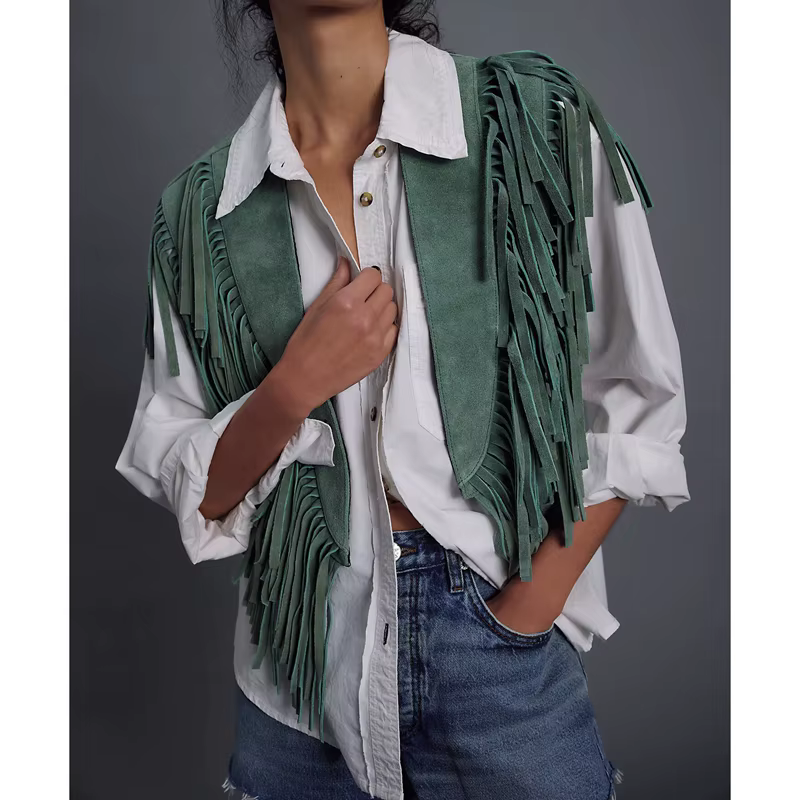 Gilet en daim vintage Y2K pour femme, style hippie années 70, sans manches, ouvert sur le devant, avec franges et patchwork, col à franges