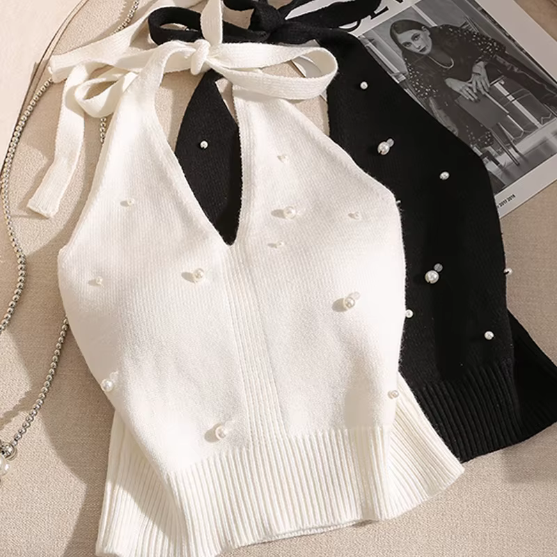 Mode française perlée licou cou cravate noeud dos nu tricoté gilet pour les femmes