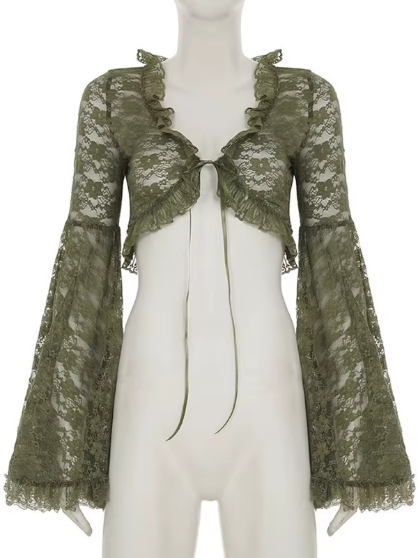 Cardigan vert en dentelle à nouer pour femme