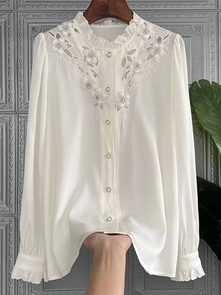 QOERLIN – chemisier de luxe en mousseline de soie pour femme, Chic, coréen, ajouré, élégant, col à volants, broderie florale