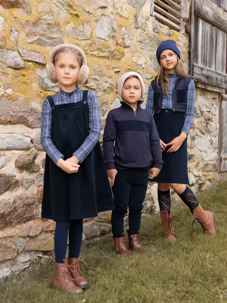 AP 2025 AW collection velours côtelé bleu marine enfants filles garçons pull robe jupe famille correspondant vêtements