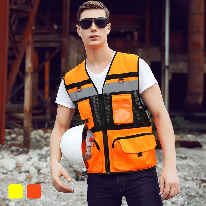 Gilet de sécurité personnalisé avec logo, poches à outils, respirant, haute visibilité, en maille, vêtements de travail
