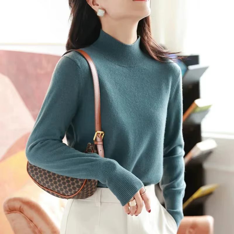Automne hiver chic bas chandails femmes mode col roulé Pull mince à manches longues tricoté Pulls doux chaud