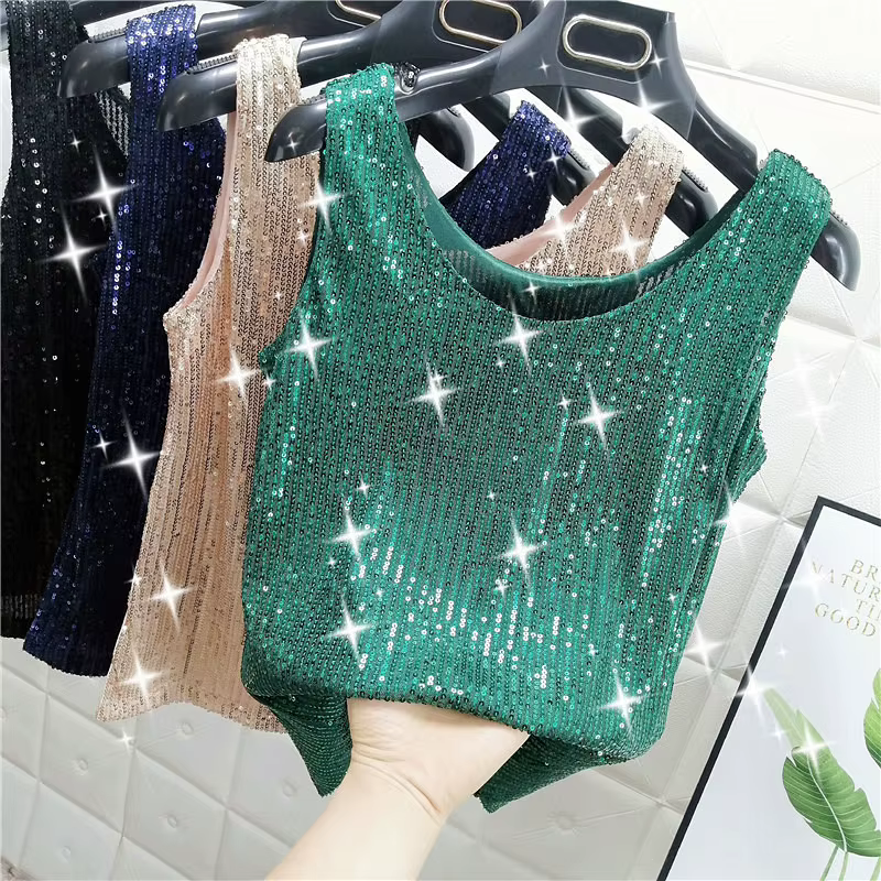 Gilet à paillettes scintillantes et col rond pour femmes