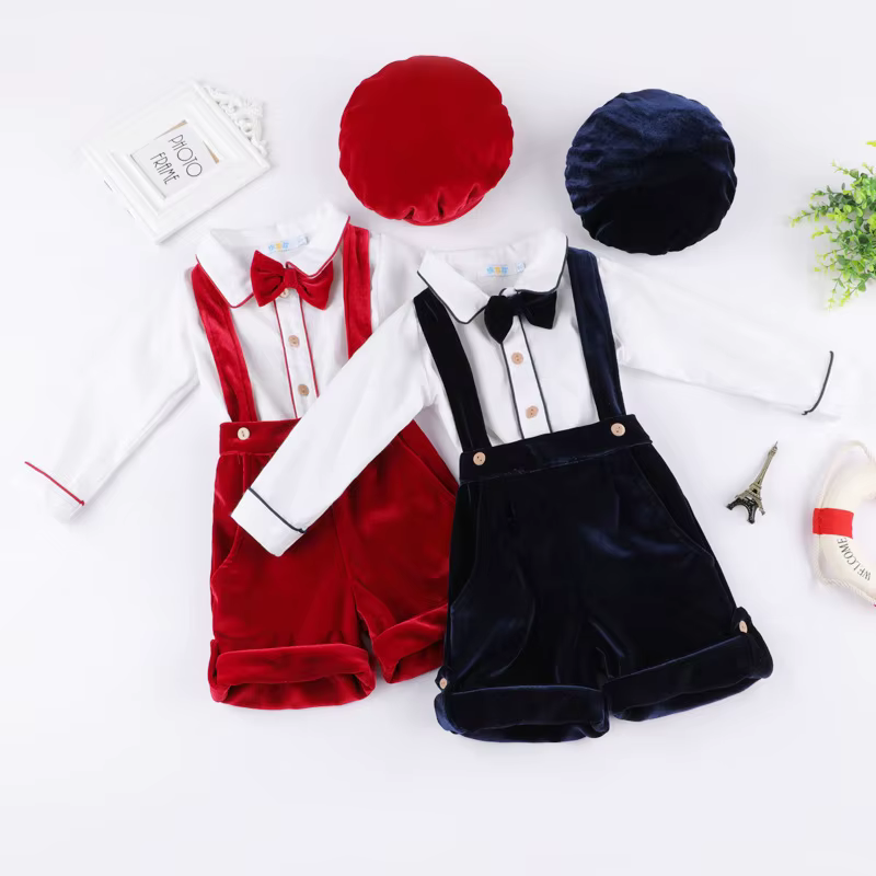 Ensemble chemisier et pantalon en velours pour nouveau-né, vêtements imbibés pour bébé garçon, tenues avec chapeaux pour enfants, fête d'anniversaire et de mariage, 3 pièces