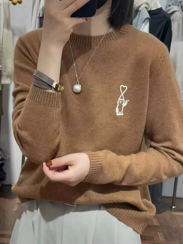 Pull en cachemire à manches longues et col rond pour femmes, élégant pull brodé, automne et hiver, idéal pour bureau et occasions spéciales