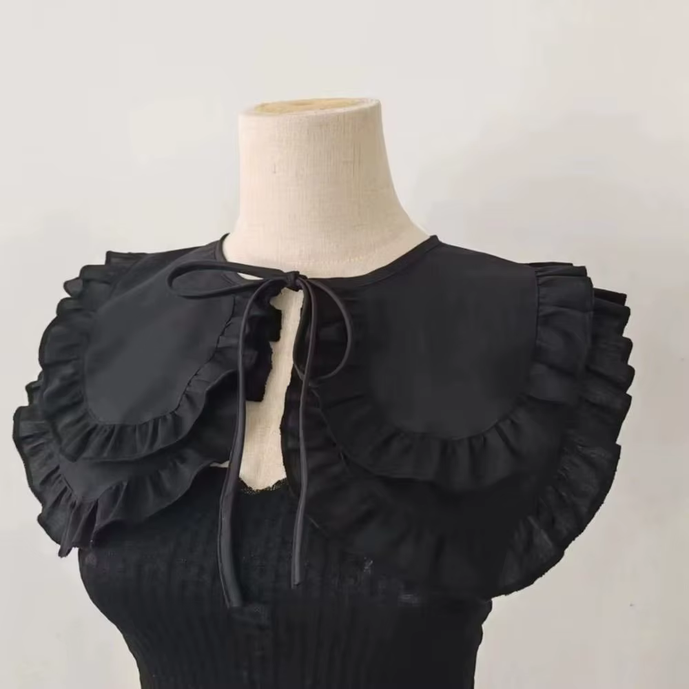 Faux col pour femme à grand revers, style demi-chemise, à lacets, double couche, couleur unie, à volants, style col de poupée, décoratif