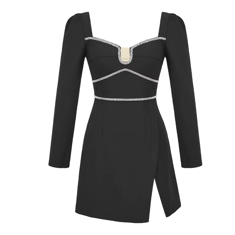 RapIndustry Diamond Square Neck fur s pour femmes, petite robe noire, automne, hiver, nouveau, 2023