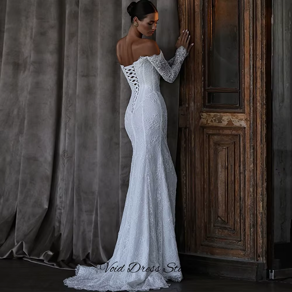 Robe de mariée à manches longues et col bateau, avec appliques en dentelle, robe de mariée sirène personnalisée avec dos à lacets