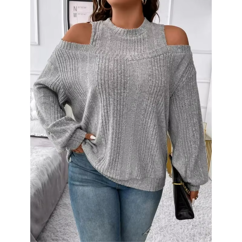 Pull en tricot pour femmes grande taille col mi-haut épissure couleur unie manches longues épaules dénudées automne hiver polyester confortable moderne
