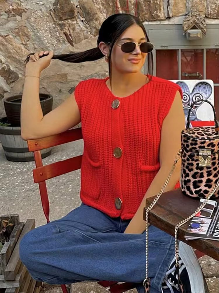 HH femmes élégant mode tricoté gilet col rond sans manches Vintage solide boutons en métal pull avec poches haut court de rue