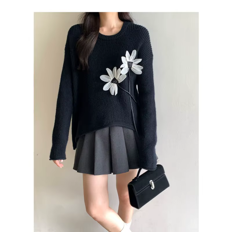 Pull rétro à fleurs tridimensionnelles pour femmes